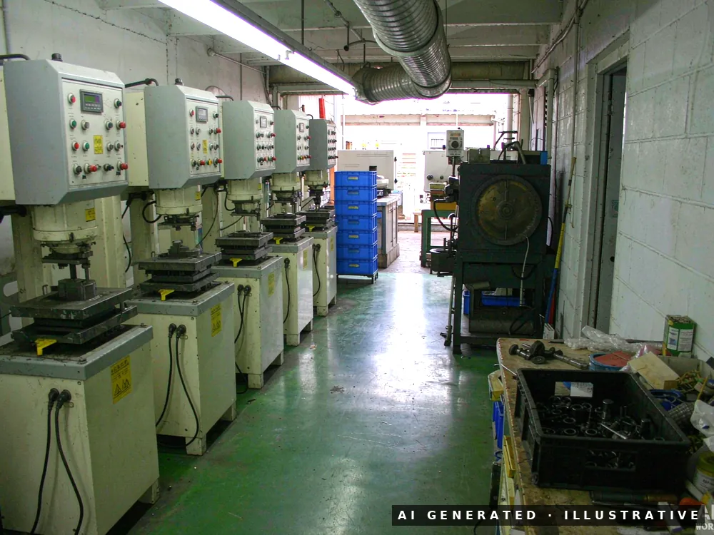 A row of vertical compression moulding presses along a green epoxy floor in a small workshop, with blue storage bins and extraction ducting overhead.